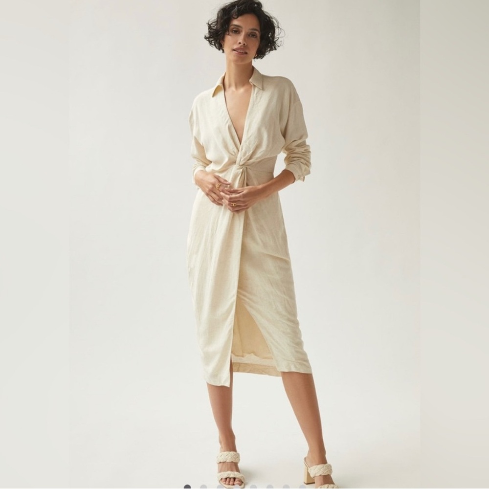 Anthropologie V-Neck Knot Front Midi Dress in Ivory US Size 0/UK Size 4